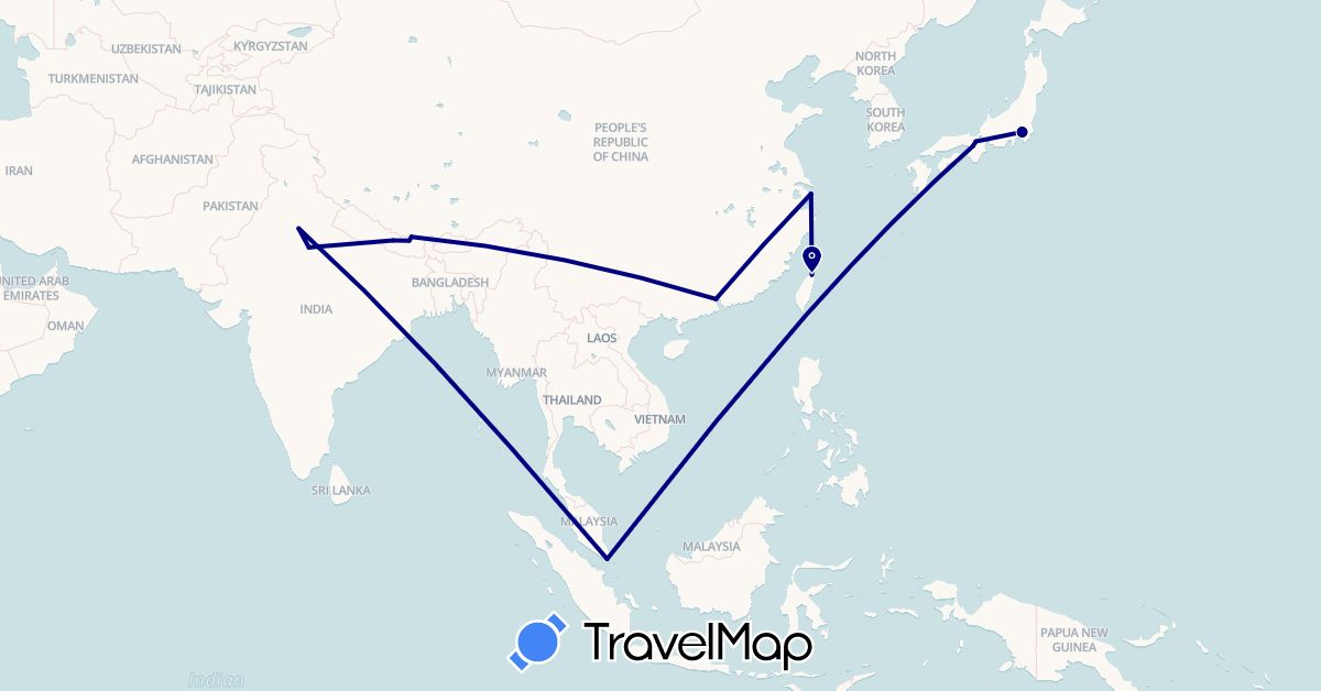 TravelMap itinerary: driving in China, India, Japan, Nepal, Singapore, Taiwan (Asia)